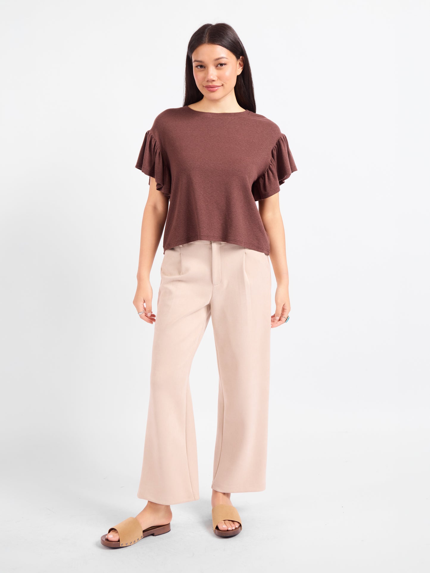 Delphine Ruffle Sleeve Top in Brown - front view