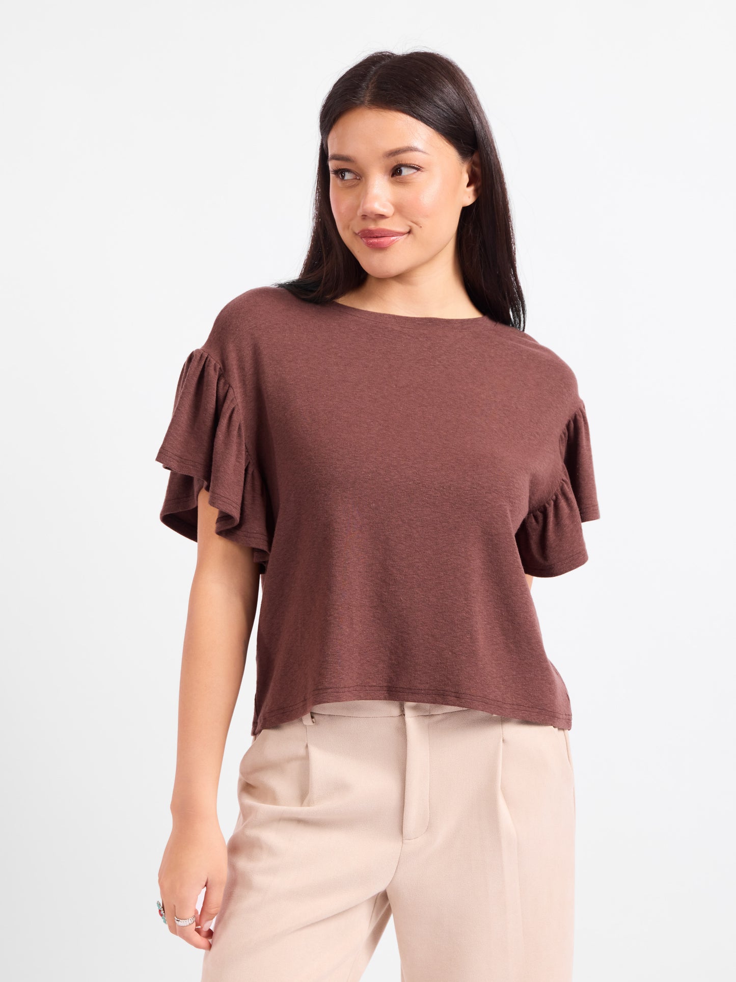 Delphine Ruffle Sleeve Top in Brown - front crop view