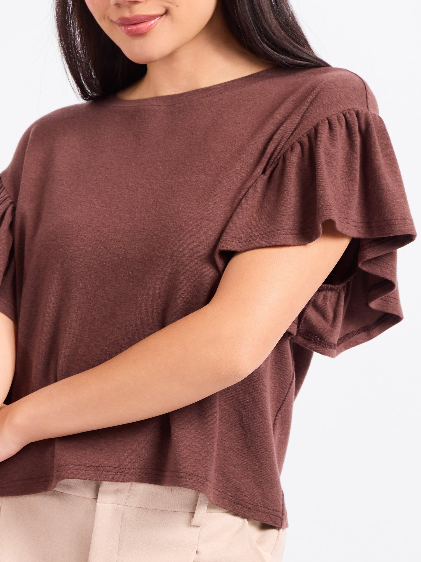 Delphine Ruffle Sleeve Top in Brown - detail view