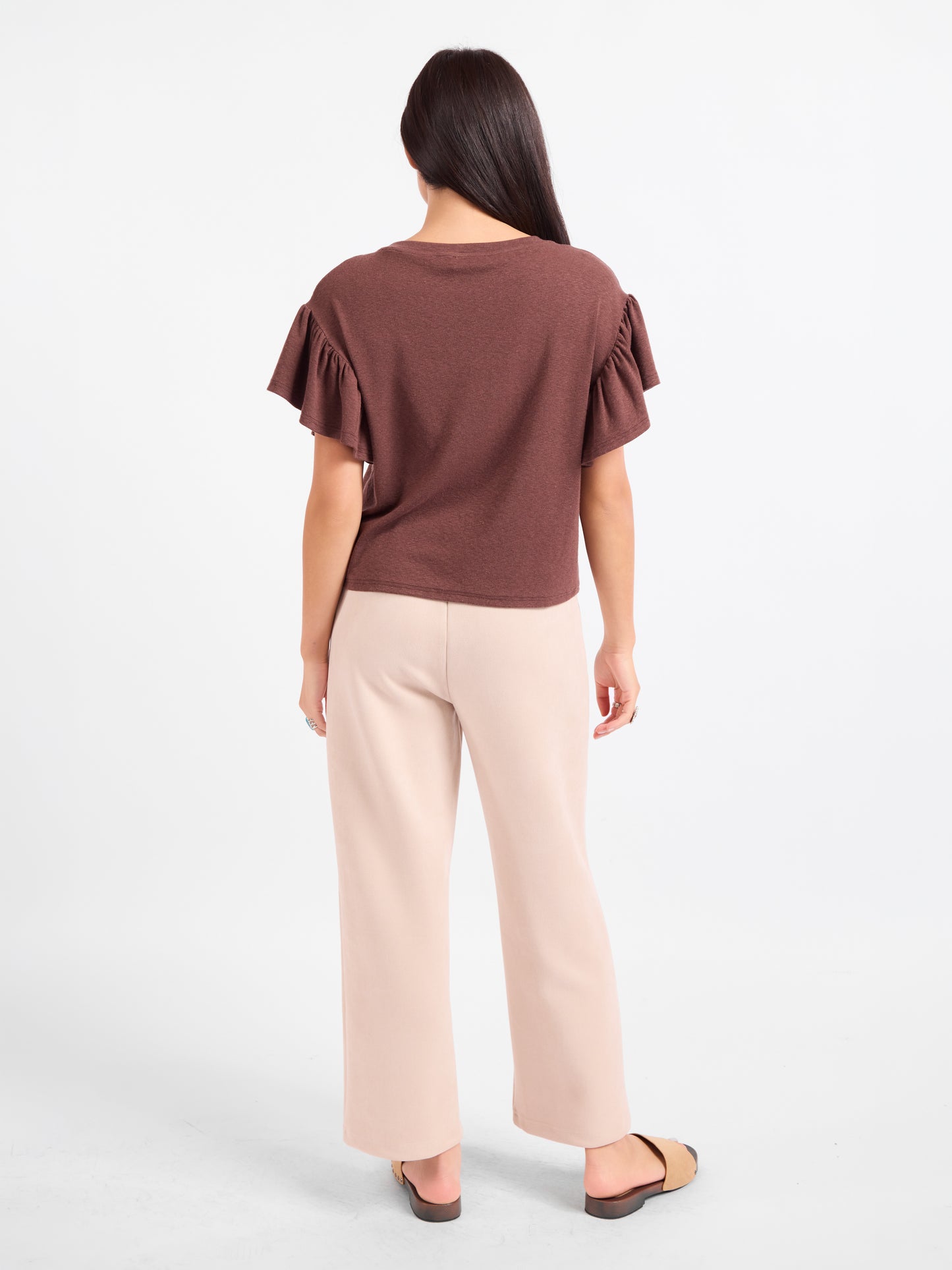 Delphine Ruffle Sleeve Top in Brown - back view