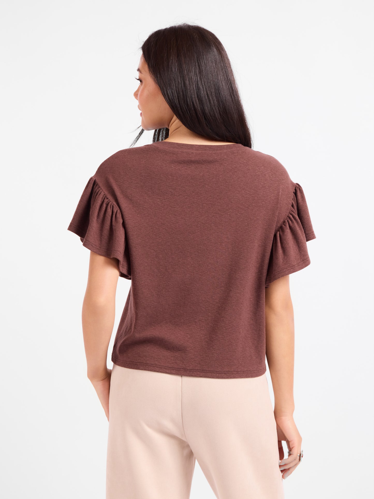 Delphine Ruffle Sleeve Top in Brown - back crop view