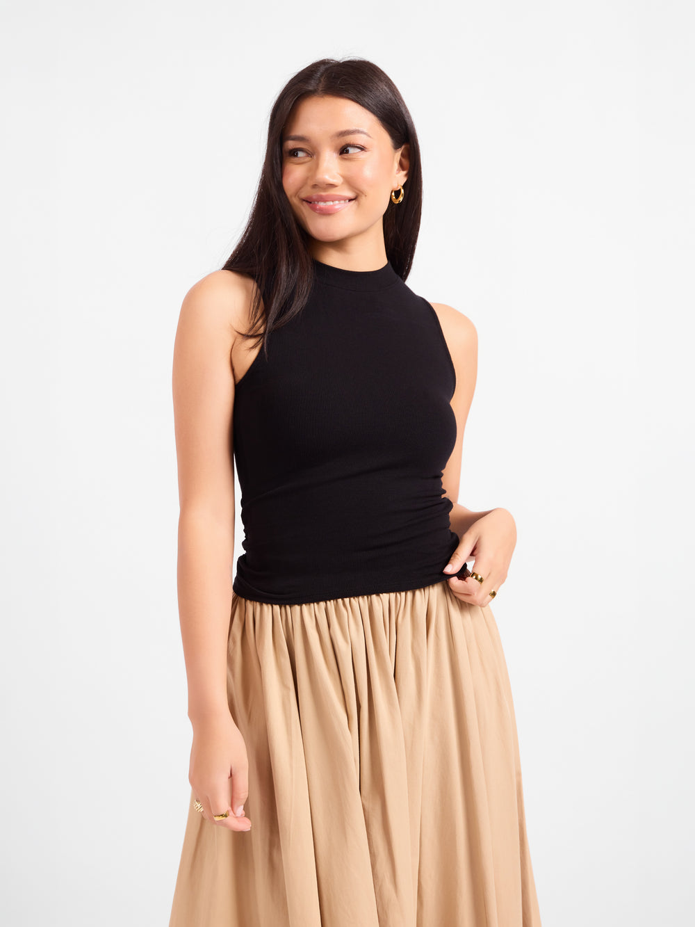 Ronan Mock Neck Ruched Knit Tanks - front crop view