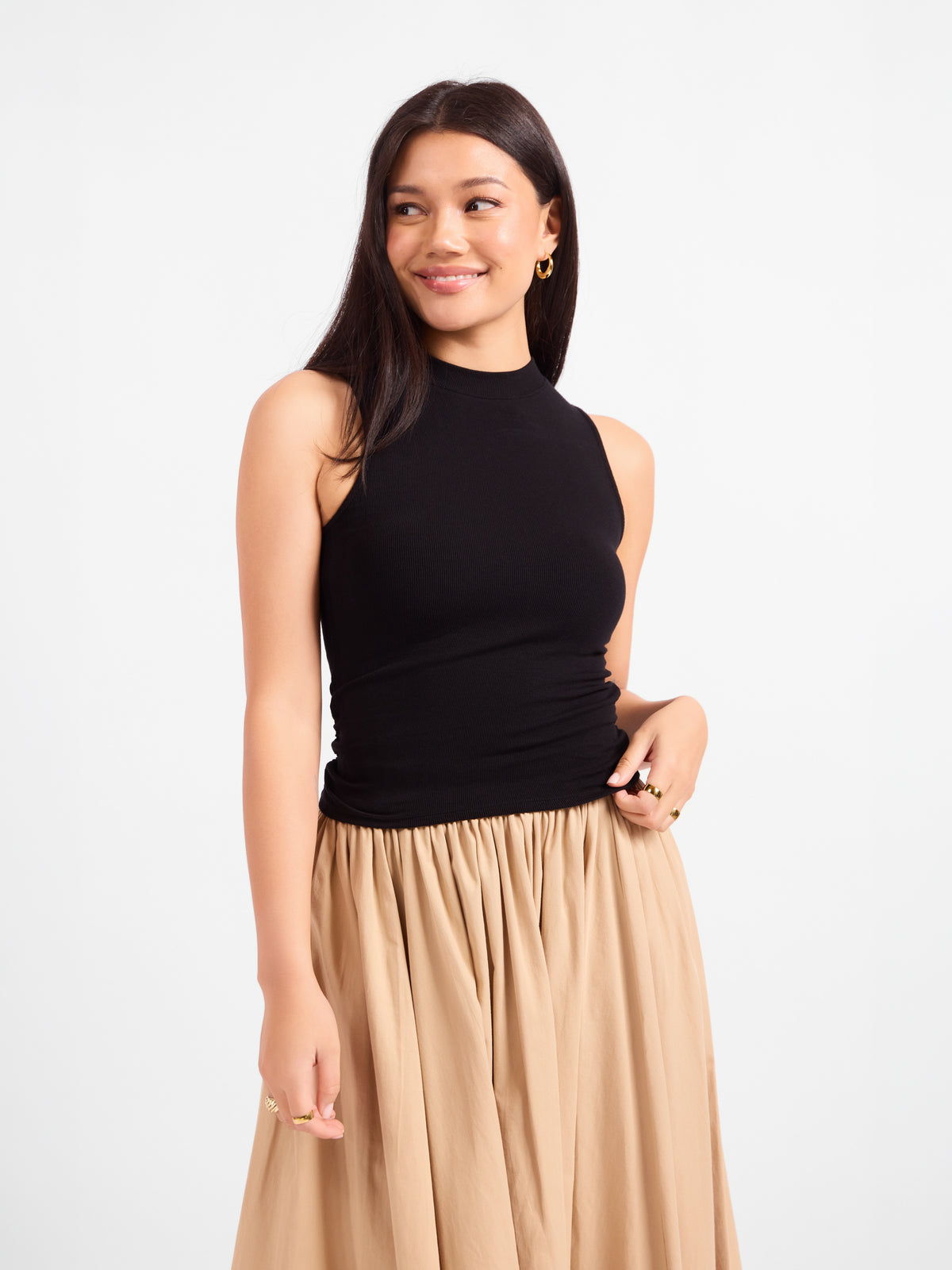 Ronan Mock Neck Ruched Knit Tanks - front crop view