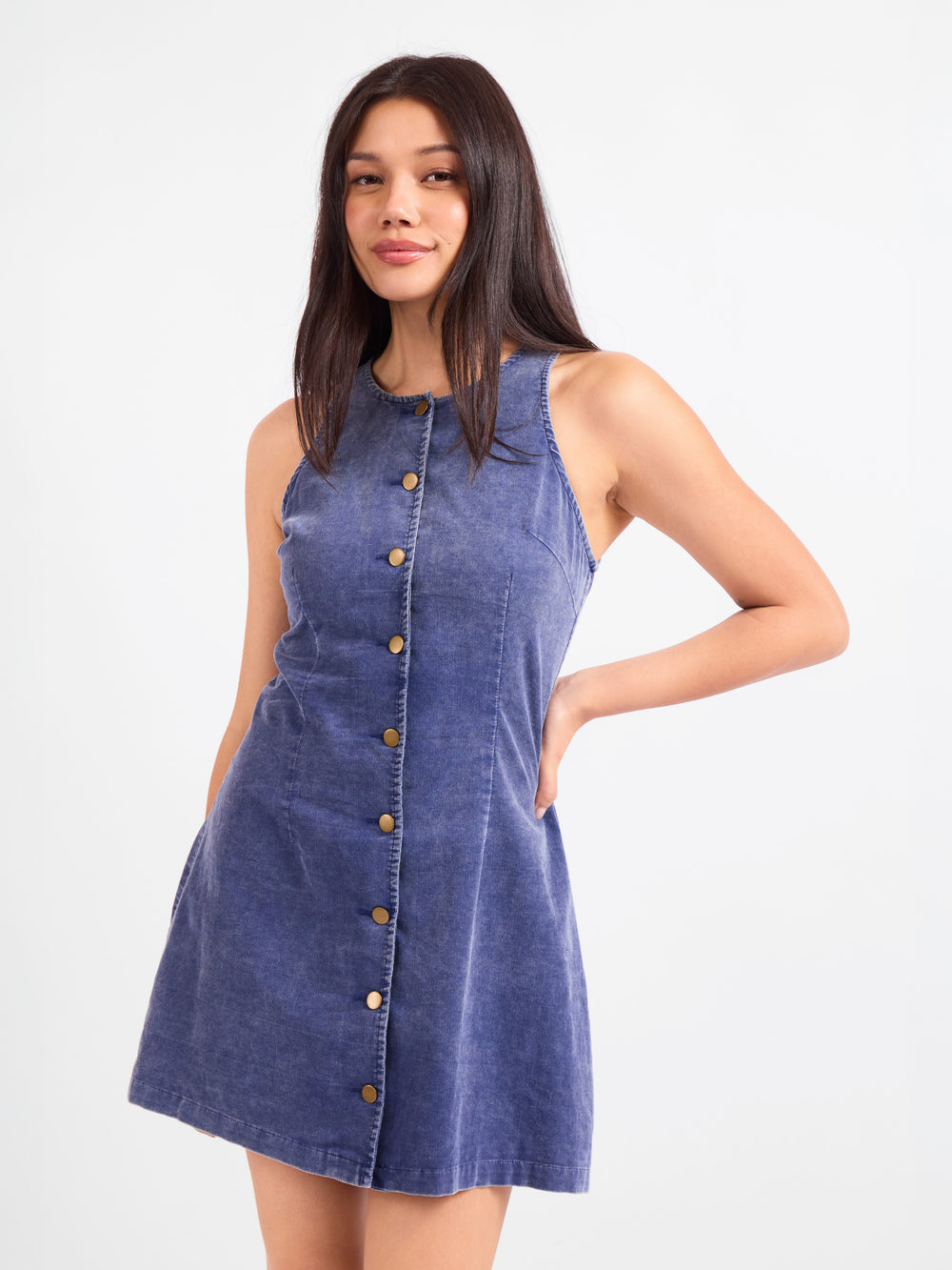 Get Like This Buttoned Mini Dress in Washed Navy - front crop view