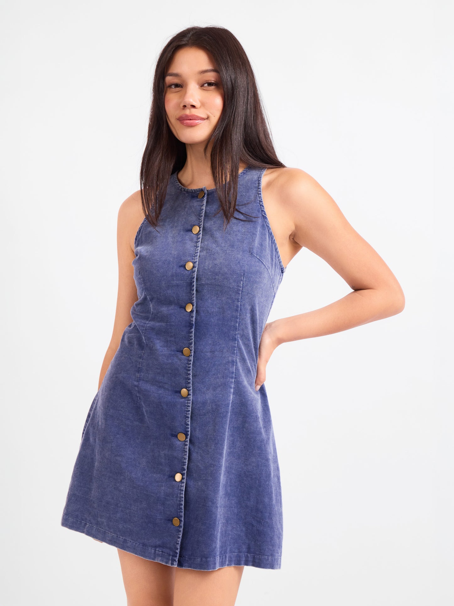 Get Like This Buttoned Mini Dress in Washed Navy - front crop view