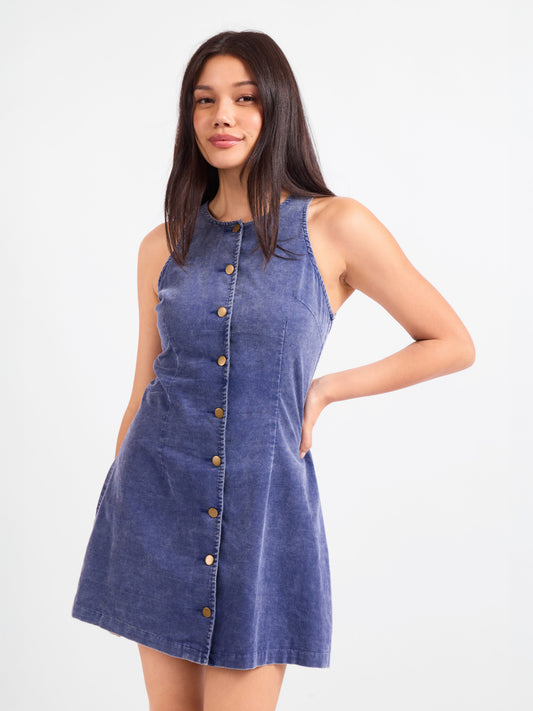 Get Like This Buttoned Mini Dress in Washed Navy - front crop view
