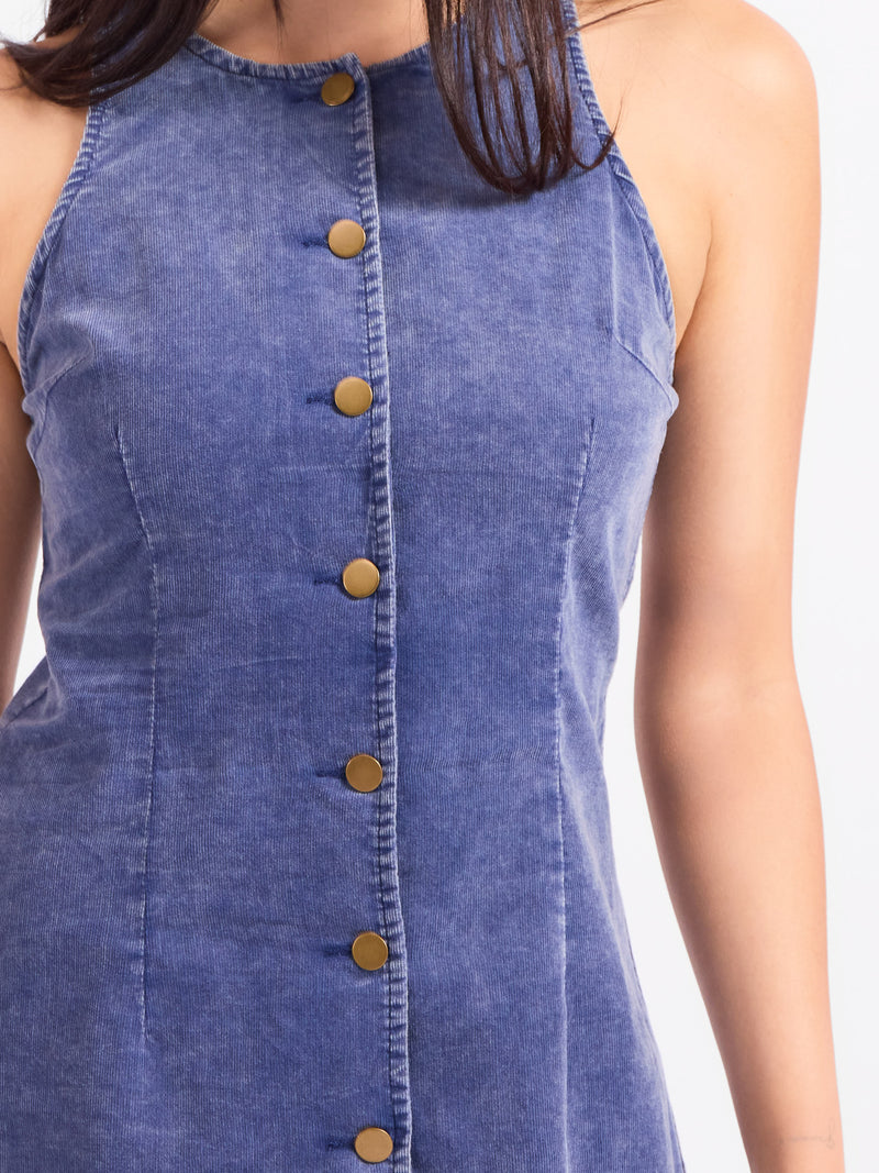 Get Like This Buttoned Mini Dress in Washed Navy - detail view