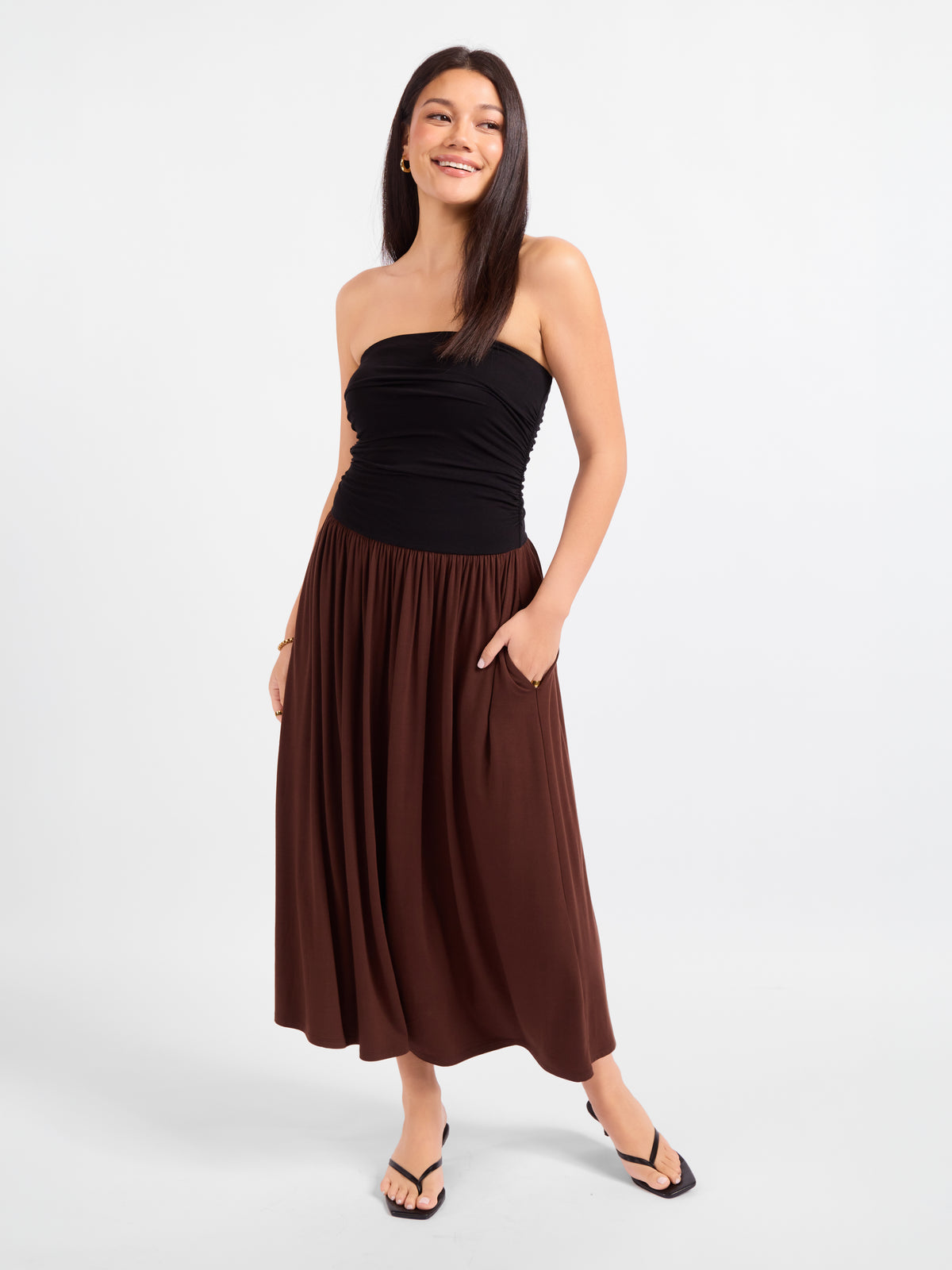 Hot Coffee Strapless Midi Dress - front view