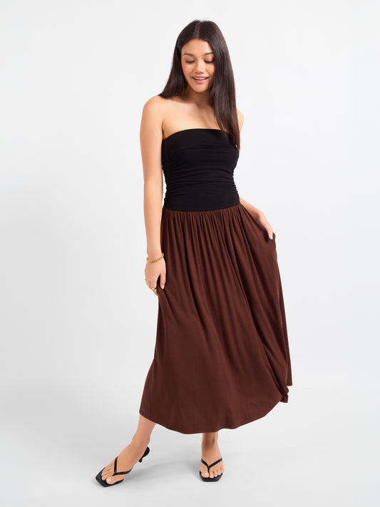 Hot Coffee Strapless Midi Dress - front crop view