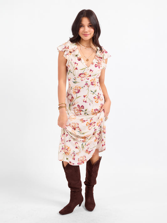 Earth Song Ruffle Midi Dress in Ivory Multi - front view
