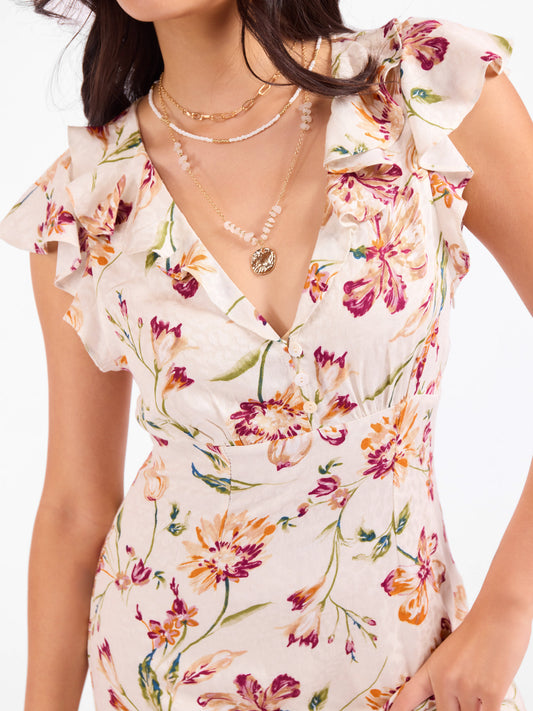 Earth Song Ruffle Midi Dress in Ivory Multi - detail view
