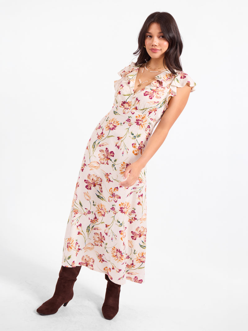 Earth Song Ruffle Midi Dress in Ivory Multi - mood image