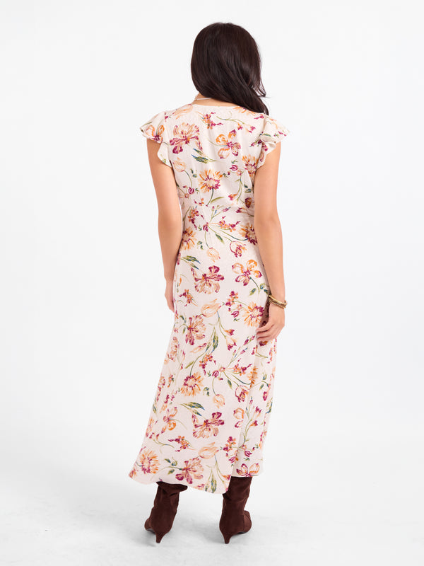 Earth Song Ruffle Midi Dress in Ivory Multi - back view
