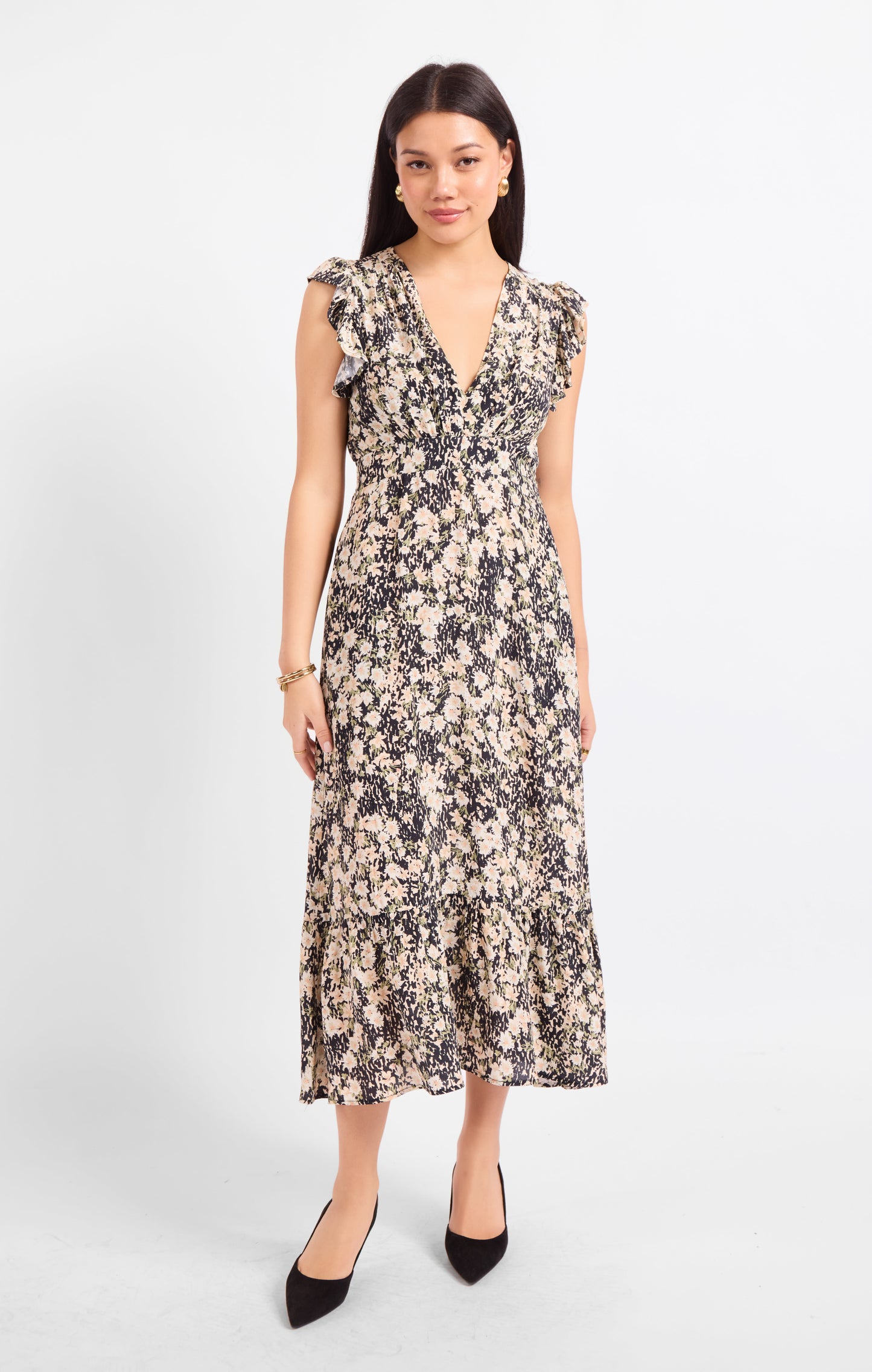 Painted Fields V Neck Midi Dress