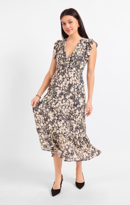 Painted Fields V Neck Midi Dress