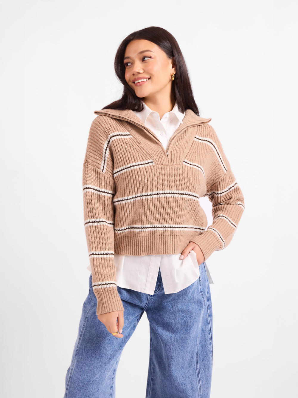 Warm Chai Quarter Zip Pullover - front crop view