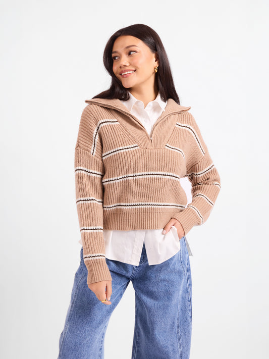 Warm Chai Quarter Zip Pullover - front crop view