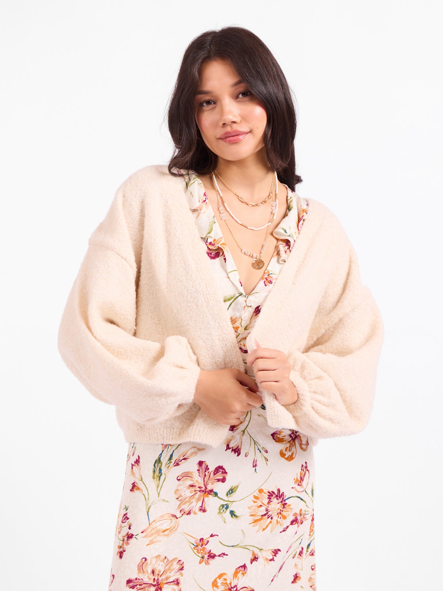 Marley Dolman Slv Sweater Cardi in Ivory - front crop view