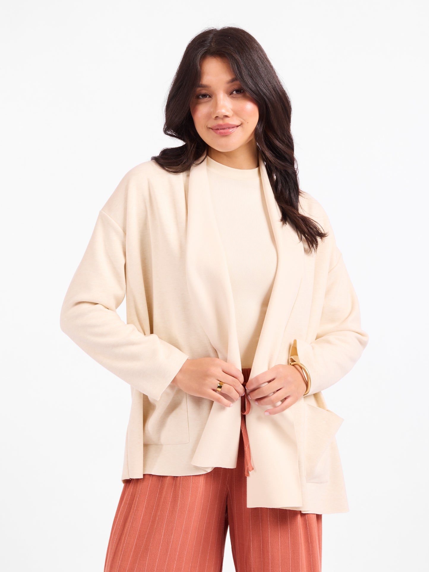 Alessia Shawl Collar Open Coat in Cream - front crop view
