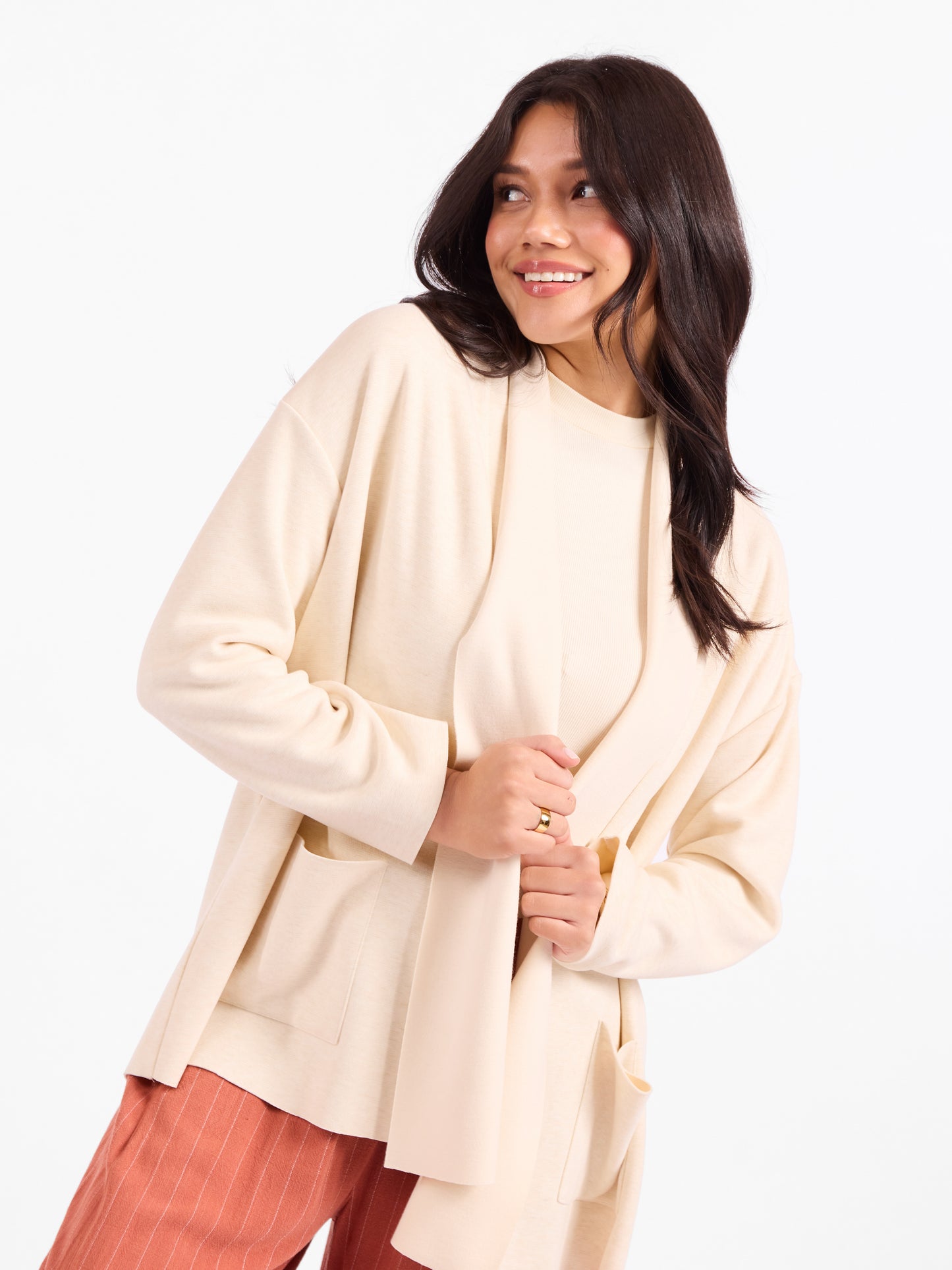 Alessia Shawl Collar Open Coat in Cream - mood image