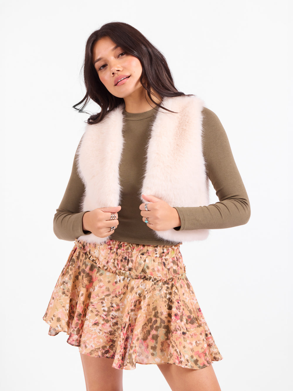 Senna Faux Fur Vest in Cream - front crop view