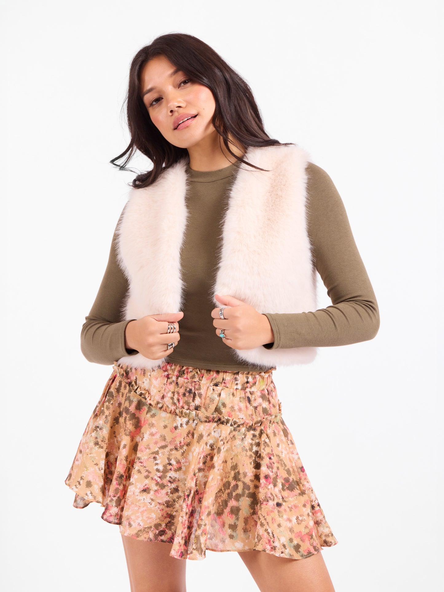 Senna Faux Fur Vest in Cream - front crop view