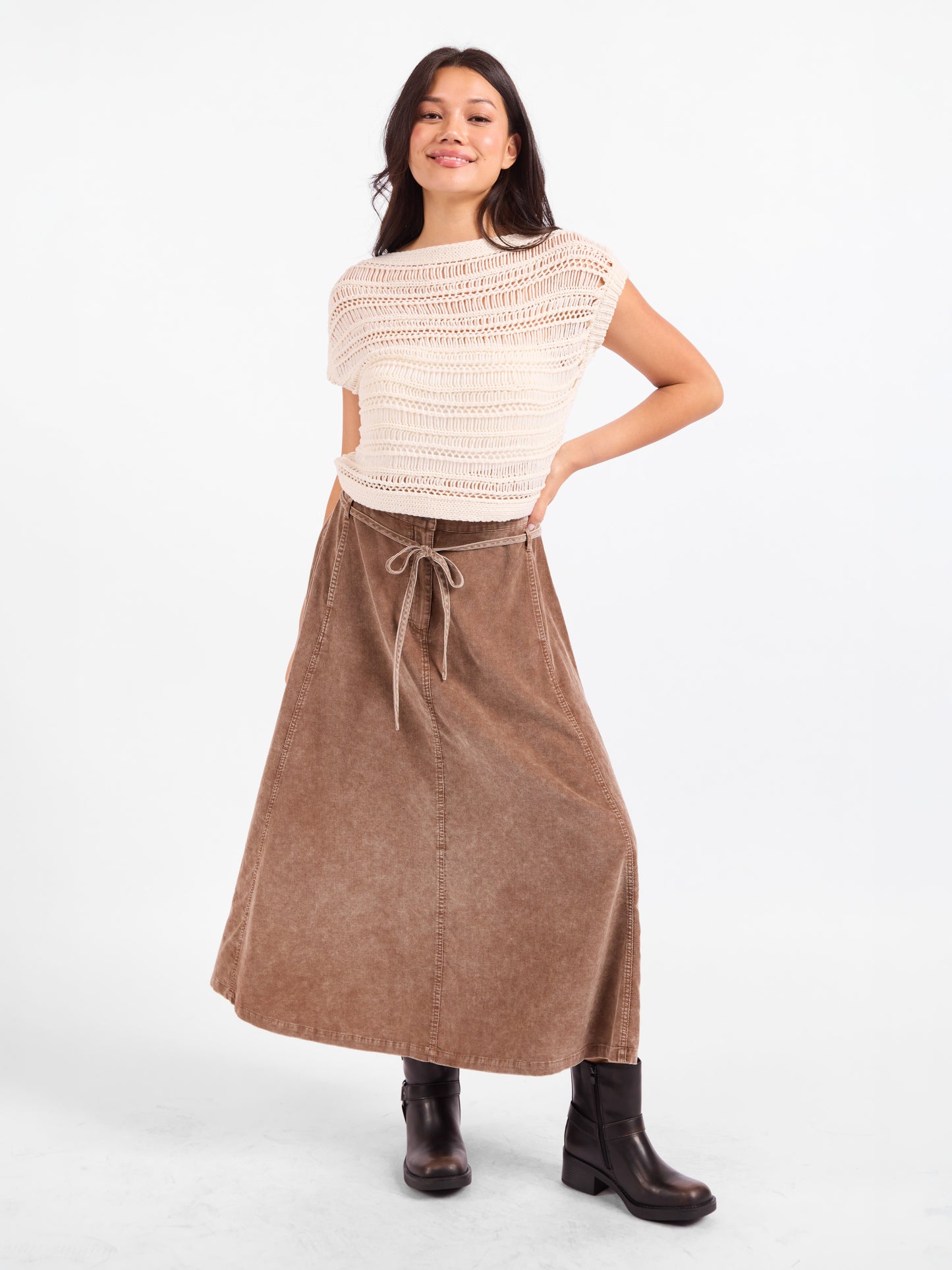 Get Like This Belted Midi Skirt in Washed Earth - front view