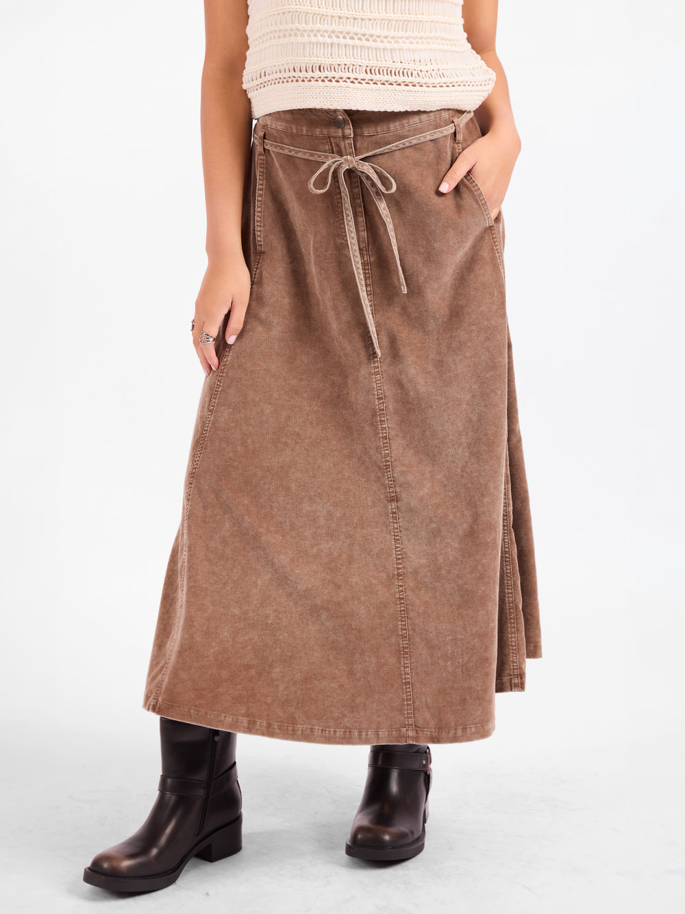 Get Like This Belted Midi Skirt in Washed Earth - front crop view