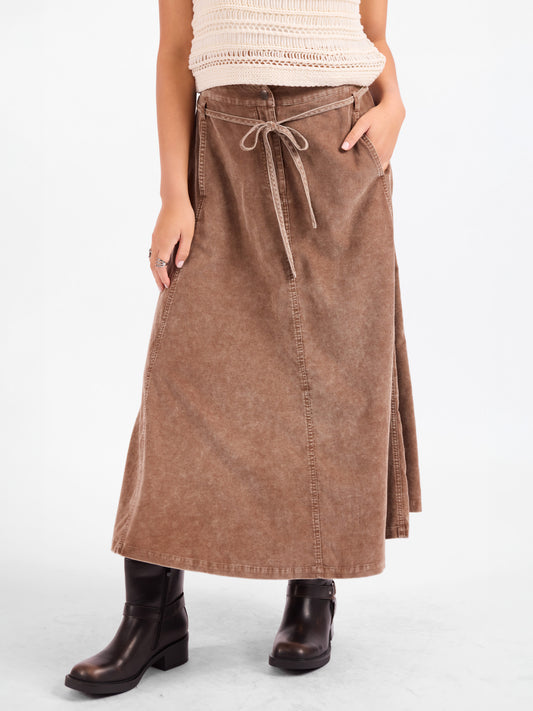 Get Like This Belted Midi Skirt in Washed Earth - front crop view