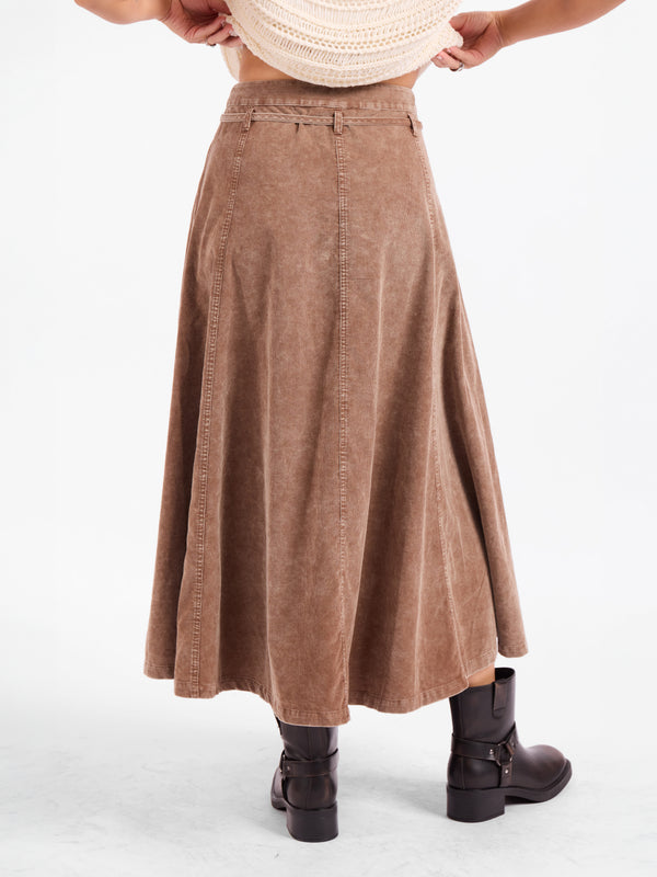 Get Like This Belted Midi Skirt in Washed Earth - back crop view
