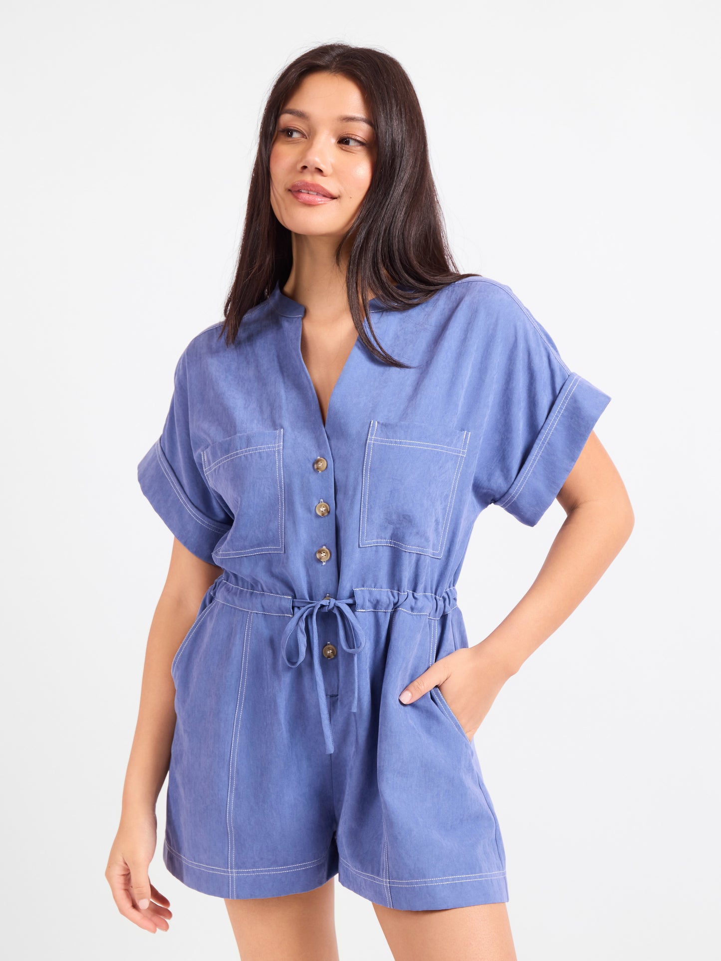 Softly Yours S/Slv Romper in Dusty Blue - front crop view