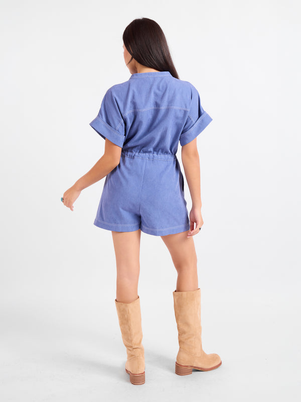 Softly Yours S/Slv Romper in Dusty Blue - back view