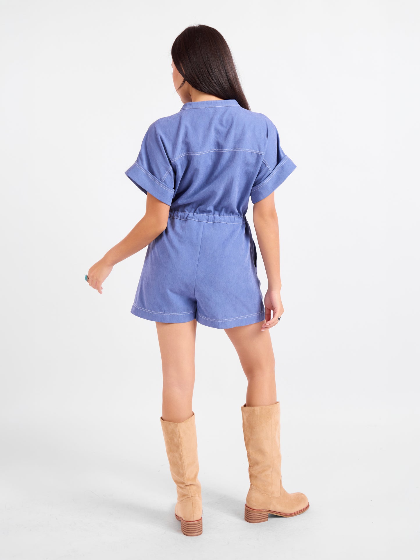 Softly Yours S/Slv Romper in Dusty Blue - back view