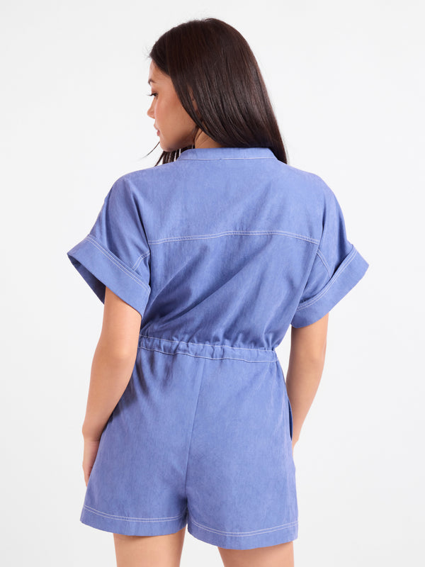 Softly Yours S/Slv Romper in Dusty Blue - back crop view