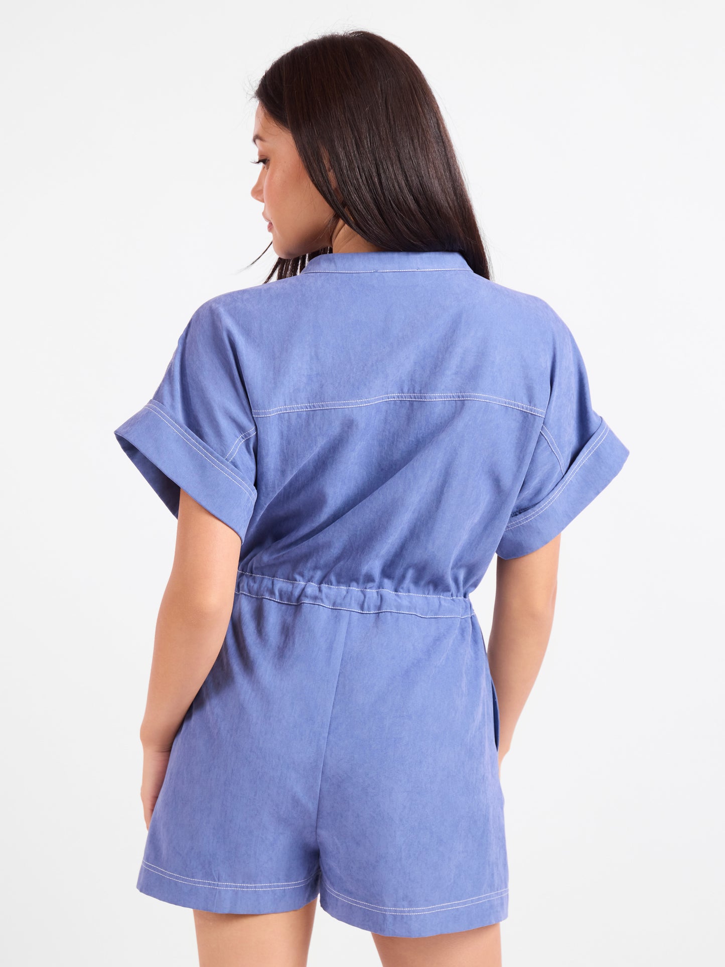 Softly Yours S/Slv Romper in Dusty Blue - back crop view