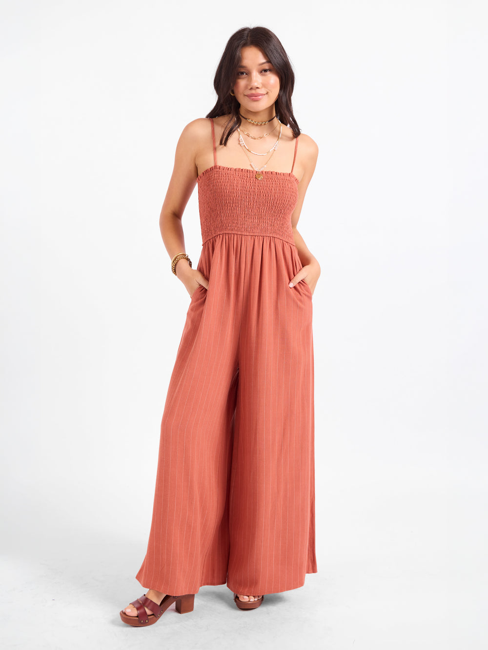 Sugarloaf Stripe Jumpsuit in Mahogany White - front view