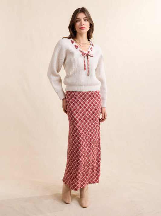 Hostess Plaid Lace Trim Sweater