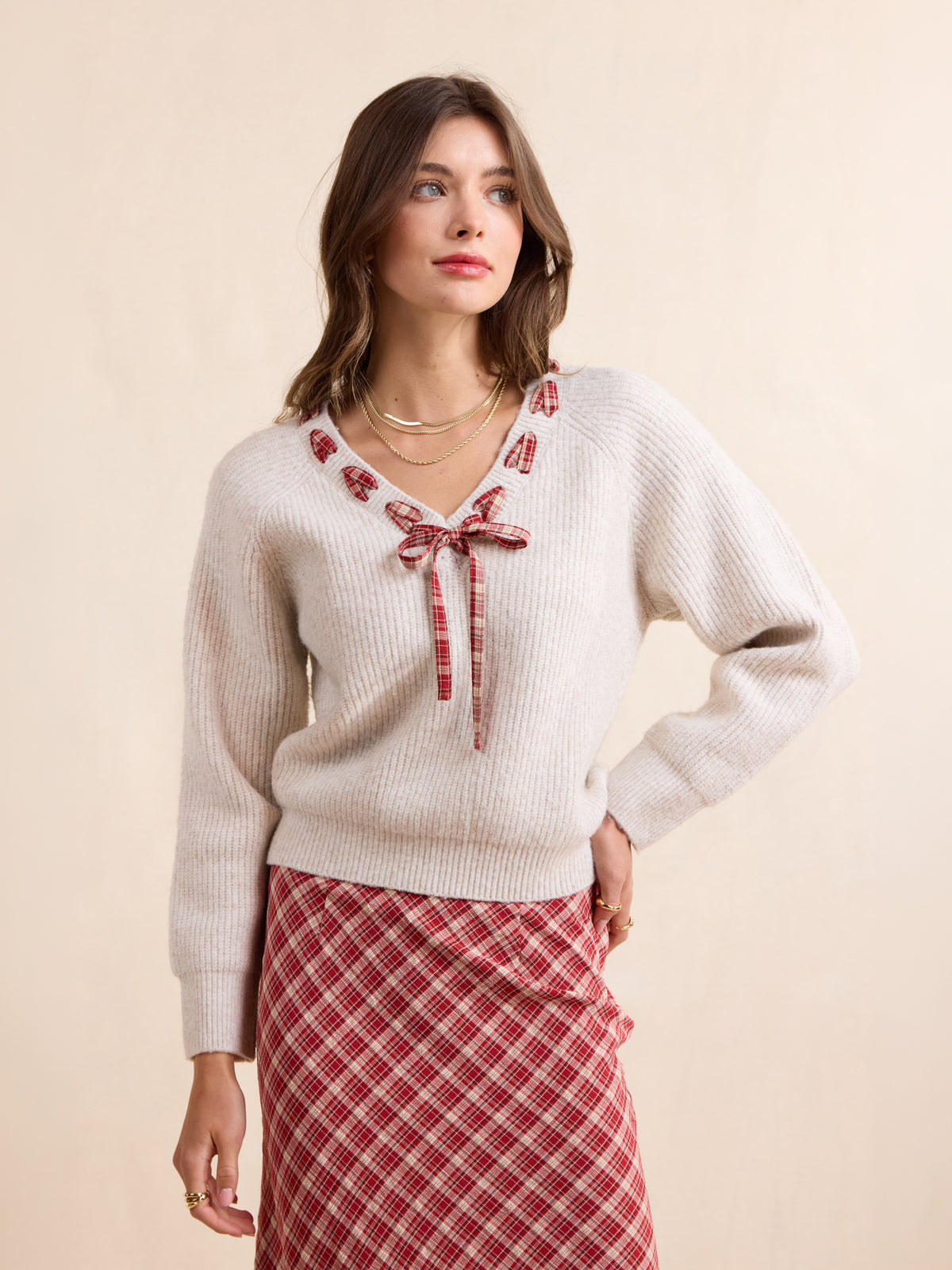 Hostess Plaid Lace Trim Sweater