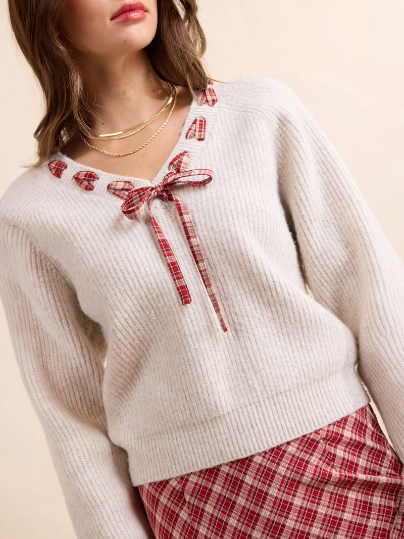Hostess Plaid Lace Trim Sweater