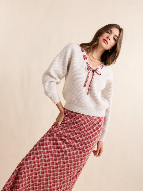 Hostess Plaid Lace Trim Sweater