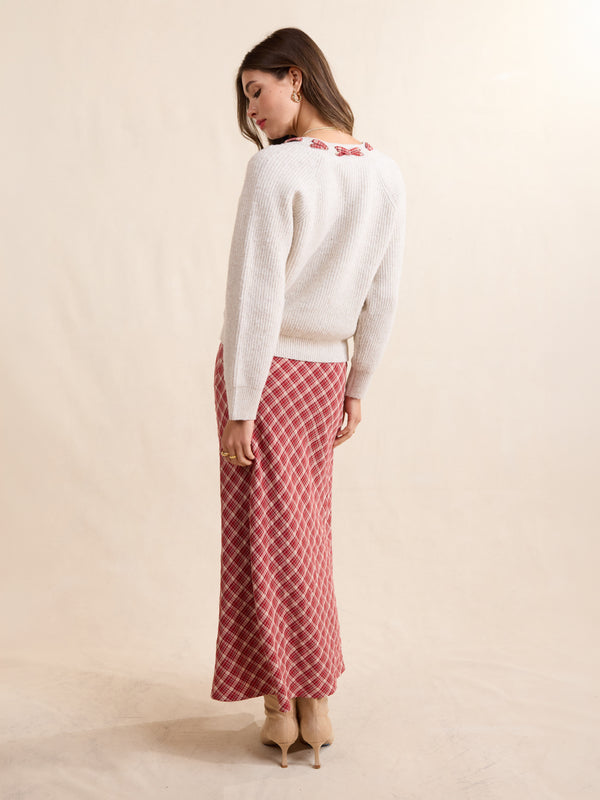 Hostess Plaid Lace Trim Sweater